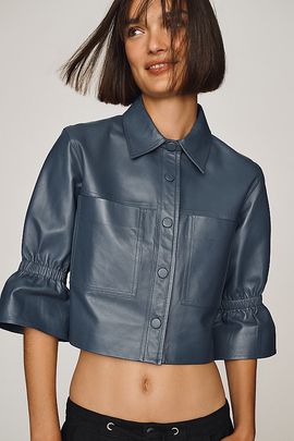 Lamarque Carolina Ruffle-Sleeve Leather Cropped Top