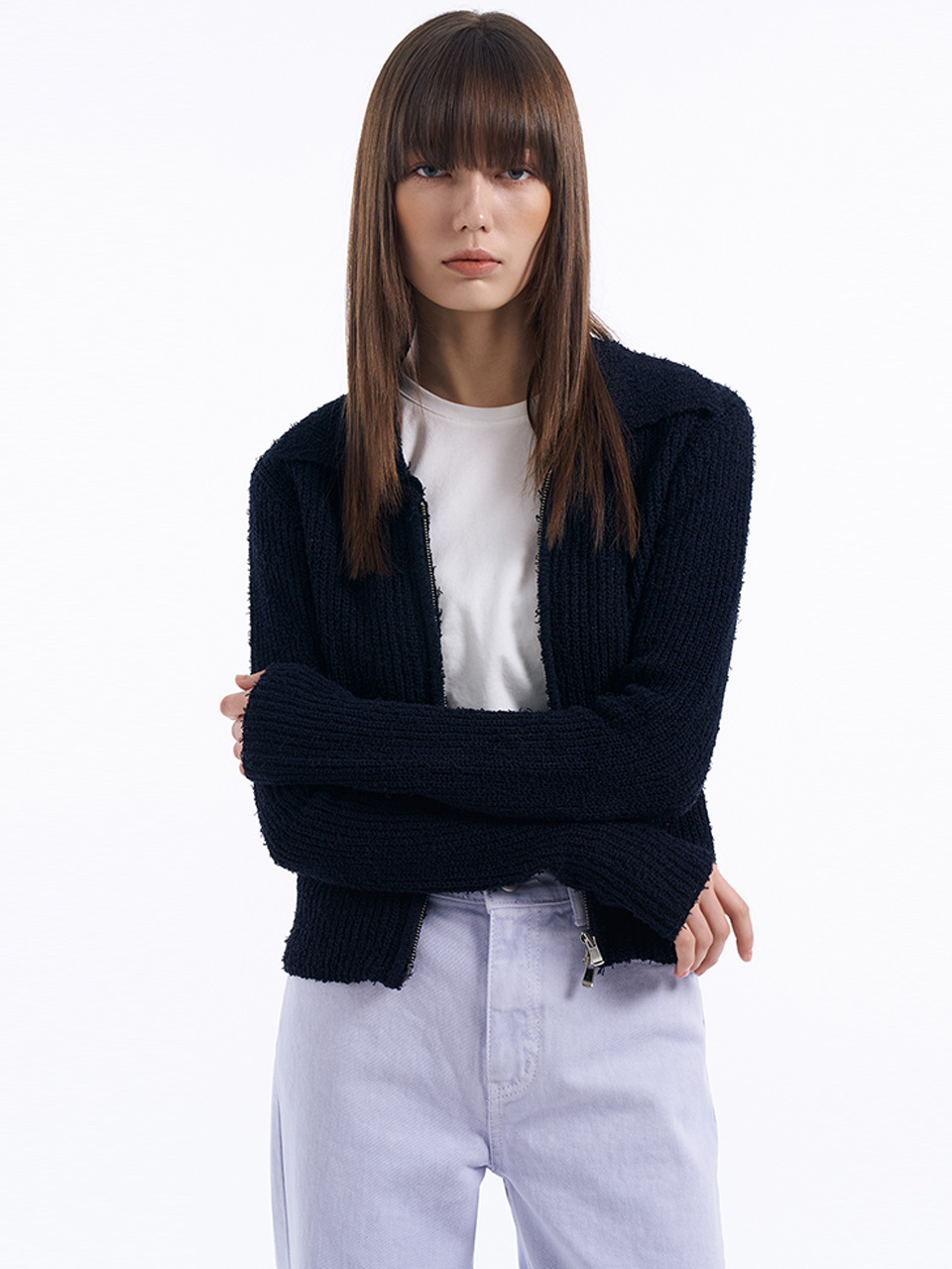Lamerei Tail Yarn Two-way Zip-up Cardigan _Navy
