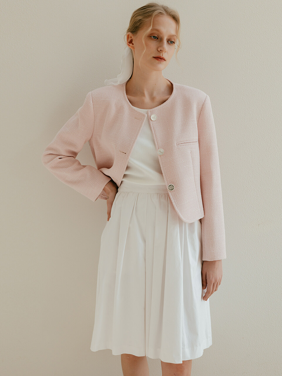 Laminez Heishi Button Tweed Jacket - Pink