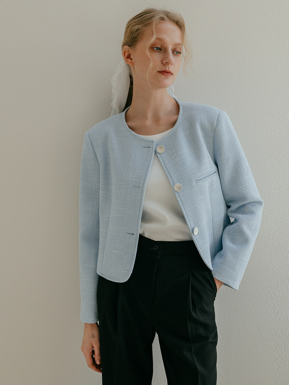 Laminez Heishi Button Tweed Jacket - Sky Blue