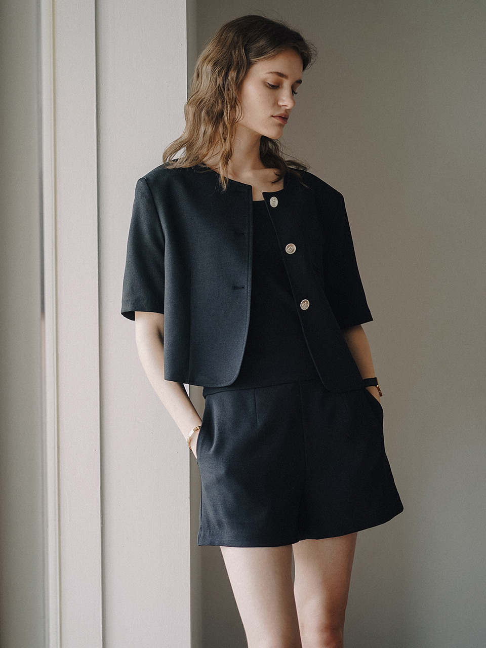 Laminez Tweed Crop Jacket _ Black