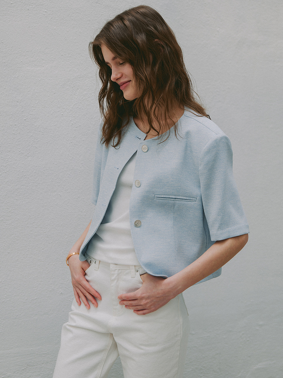 Laminez Tweed Crop Jacket _ Sky Blue