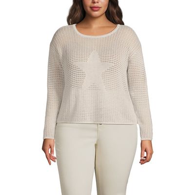 Lands' End Lands' End Cotton Viscose Mesh Jacquard Crew Neck Sweater