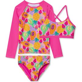 Lands' End Lands' End Girls Slim Rash Guard Swim Top Bikini Top And Bottoms Upf 50 Swimsuit Set