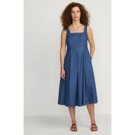 Lands' End Lands' End Pleated Square Neck Cotton Poplin Midi Dress