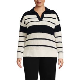 Lands' End Lands' End Plus Size Cotton Boucle Johnny Collar Textured Sweater