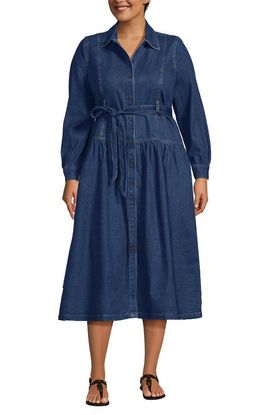 Lands' End Lands' End Plus Size Denim Button Front Midi Shirt Dress