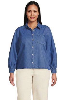 Lands' End Lands' End Plus Size Denim Cropped Button Front Shirt