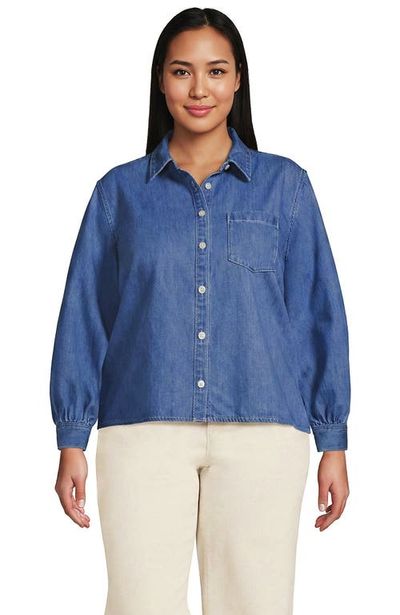 Lands' End Lands' End Plus Size Denim Cropped Button Front Shirt