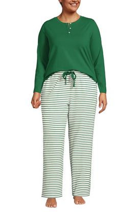 Lands' End Lands' End Plus Size Knit 2 Piece Pajama Set - Long Sleeve Top and Pants