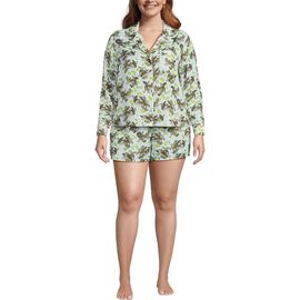 Lands' End Lands' End Plus Size Matte Satin 2 Piece Pajama Set - Long Sleeve Top and Shorts