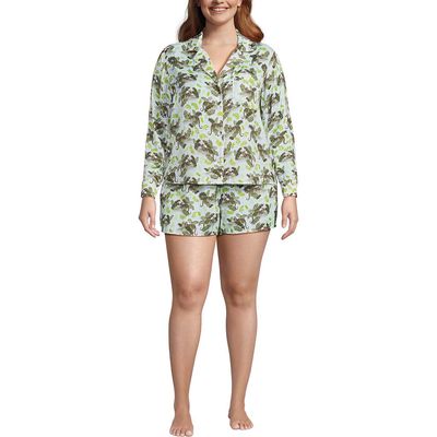 Lands' End Lands' End Plus Size Matte Satin 2 Piece Pajama Set - Long Sleeve Top and Shorts
