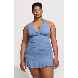 Lands' End Lands' End Plus Size Pique Halter Ruffle Hem Mini Swim Dress Swimsuit