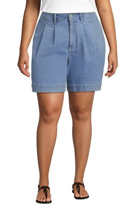 Lands' End Lands' End Plus Size Soft Denim High Rise 7" Pleated Trouser Shorts