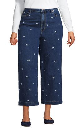 Lands' End Lands' End Plus Size Soft Denim High Rise Embroidered Wide Leg Crop Jeans