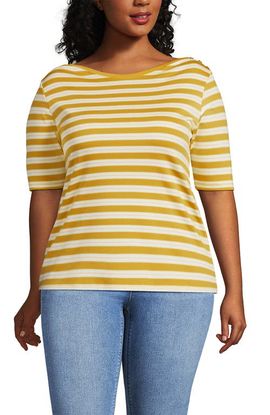 Lands' End Lands' End Supima Cotton Elbow Sleeve Boatneck Button Shoulder Tee