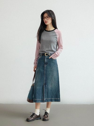 LANGSON A-line Denim Slit Skirt