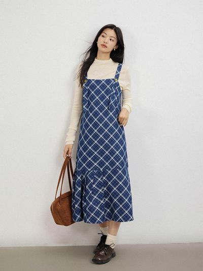 LANGSON Blue Plaid Slip Dress