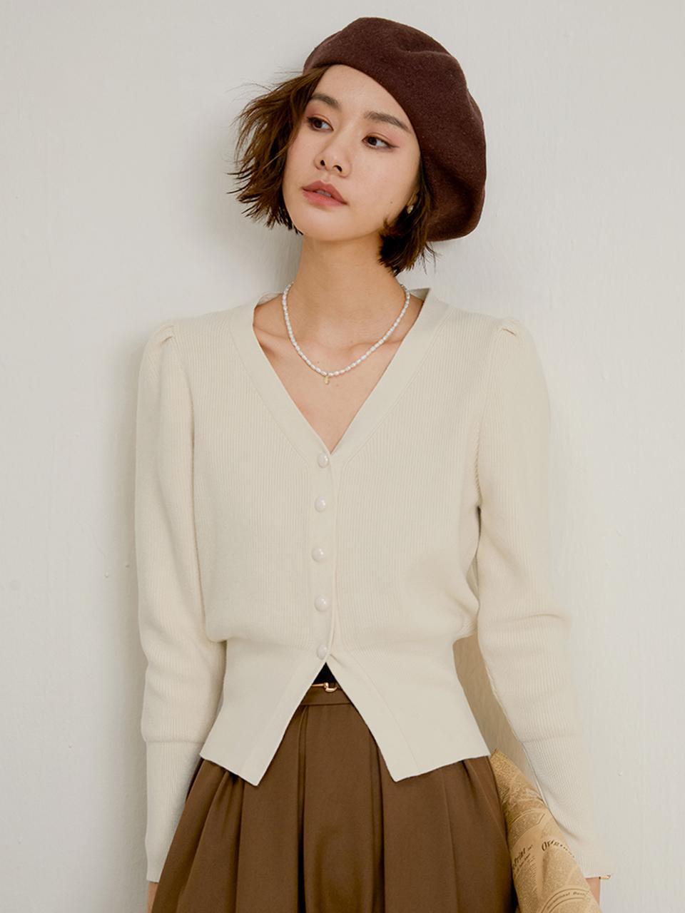 LANGSON Bubble Sleeve V Neck Cardigan