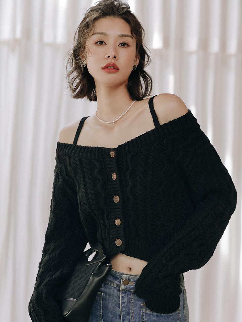 LANGSON Button Down Off Shoulder Crop Top
