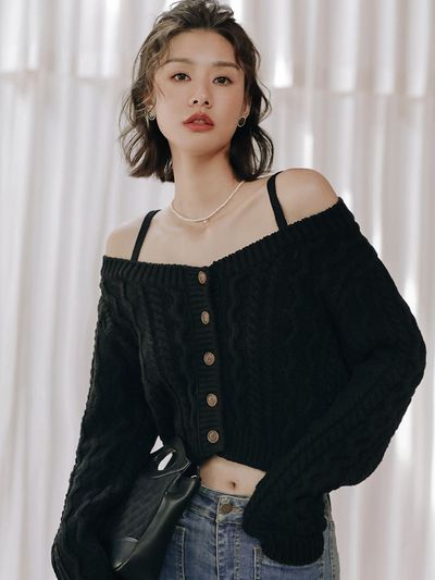 LANGSON Button Down Off Shoulder Crop Top