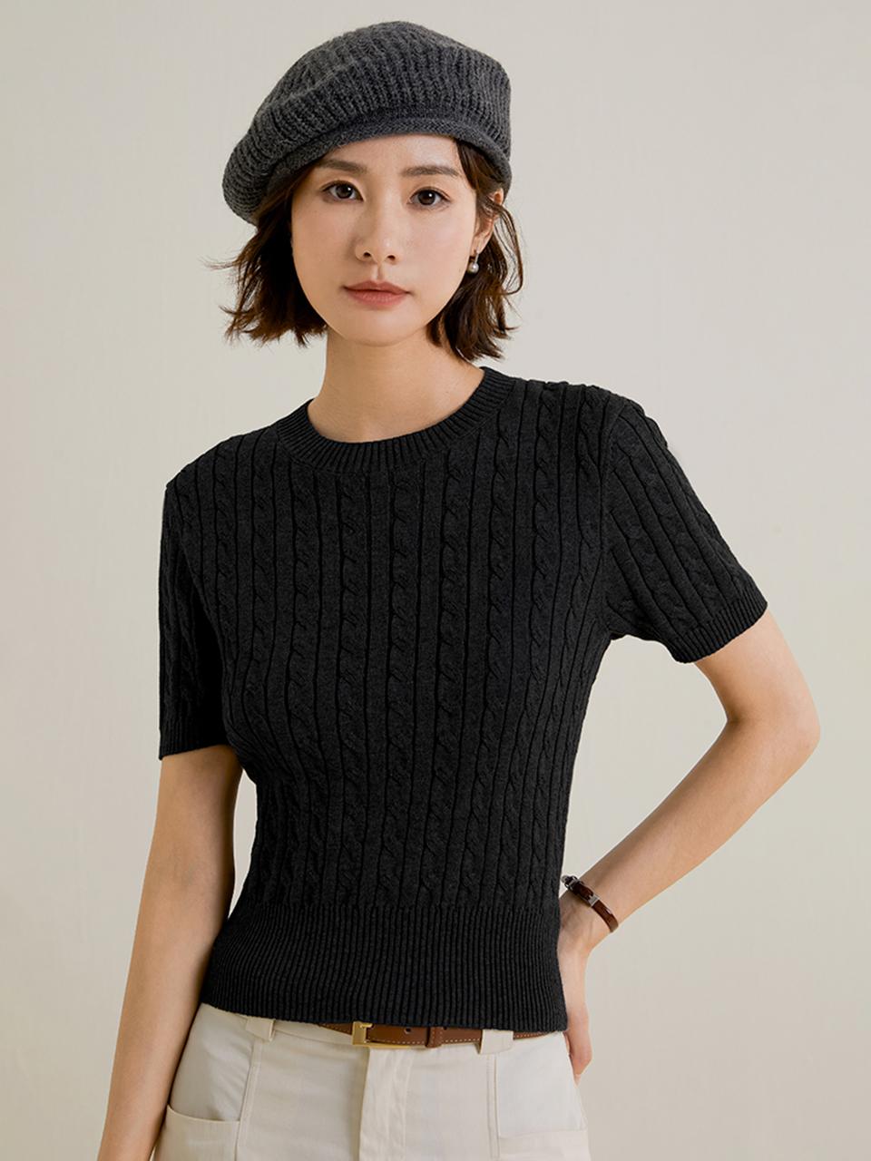 LANGSON Cable Round Short Sleeve Knit Top