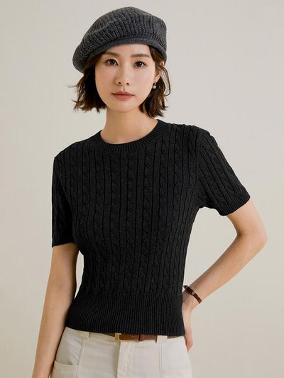 LANGSON Cable Round Short Sleeve Knit Top