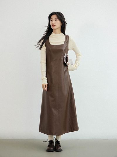 LANGSON Casual Sleeveless Leather Dress