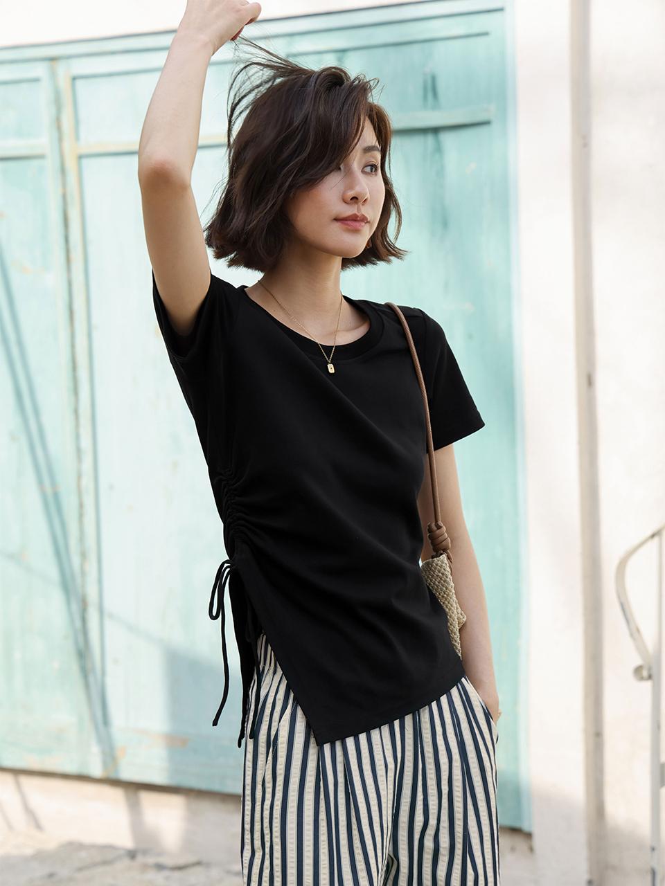 LANGSON Drawstring Irregular Hem Top (2 Color)