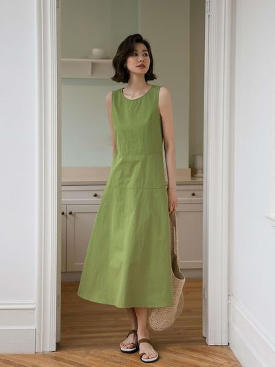 LANGSON French Holiday Sleeveless Cotton Dress [Green]