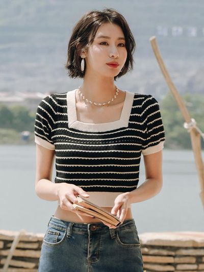 LANGSON French Striped Puff Sleeve Knit Top