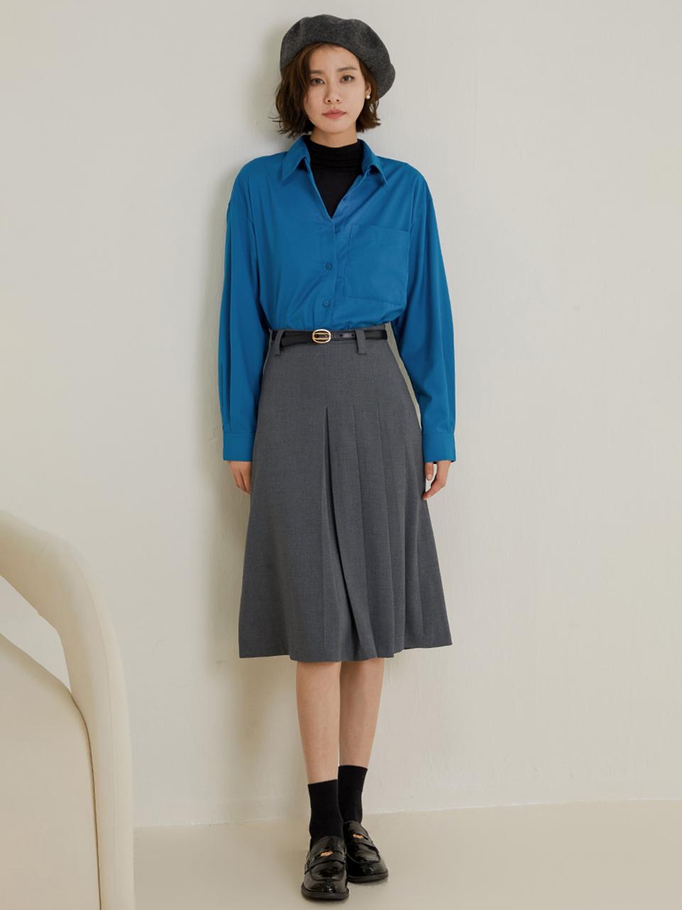 LANGSON Gray High Waist Pleated Midi Skirt