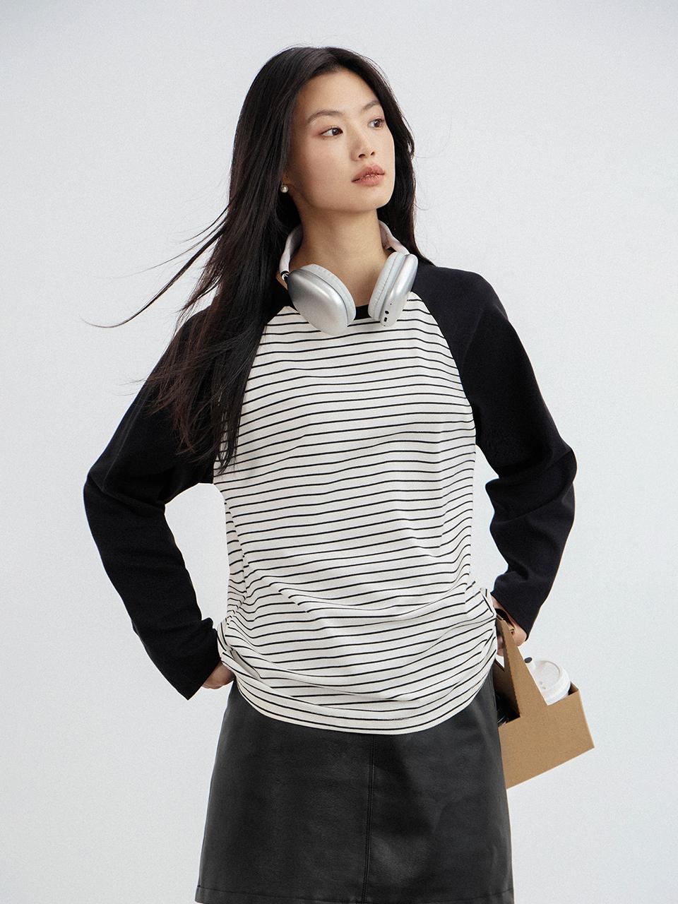 LANGSON Loose Fit Striped Raglan Sleeve Top