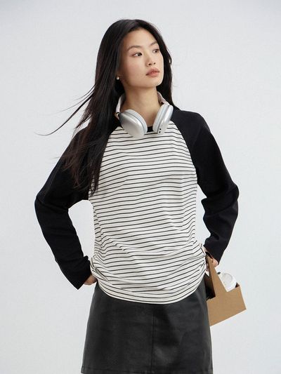 LANGSON Loose Fit Striped Raglan Sleeve Top