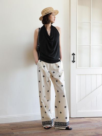 LANGSON LS Embroidery Thin Wide Pendant Pants