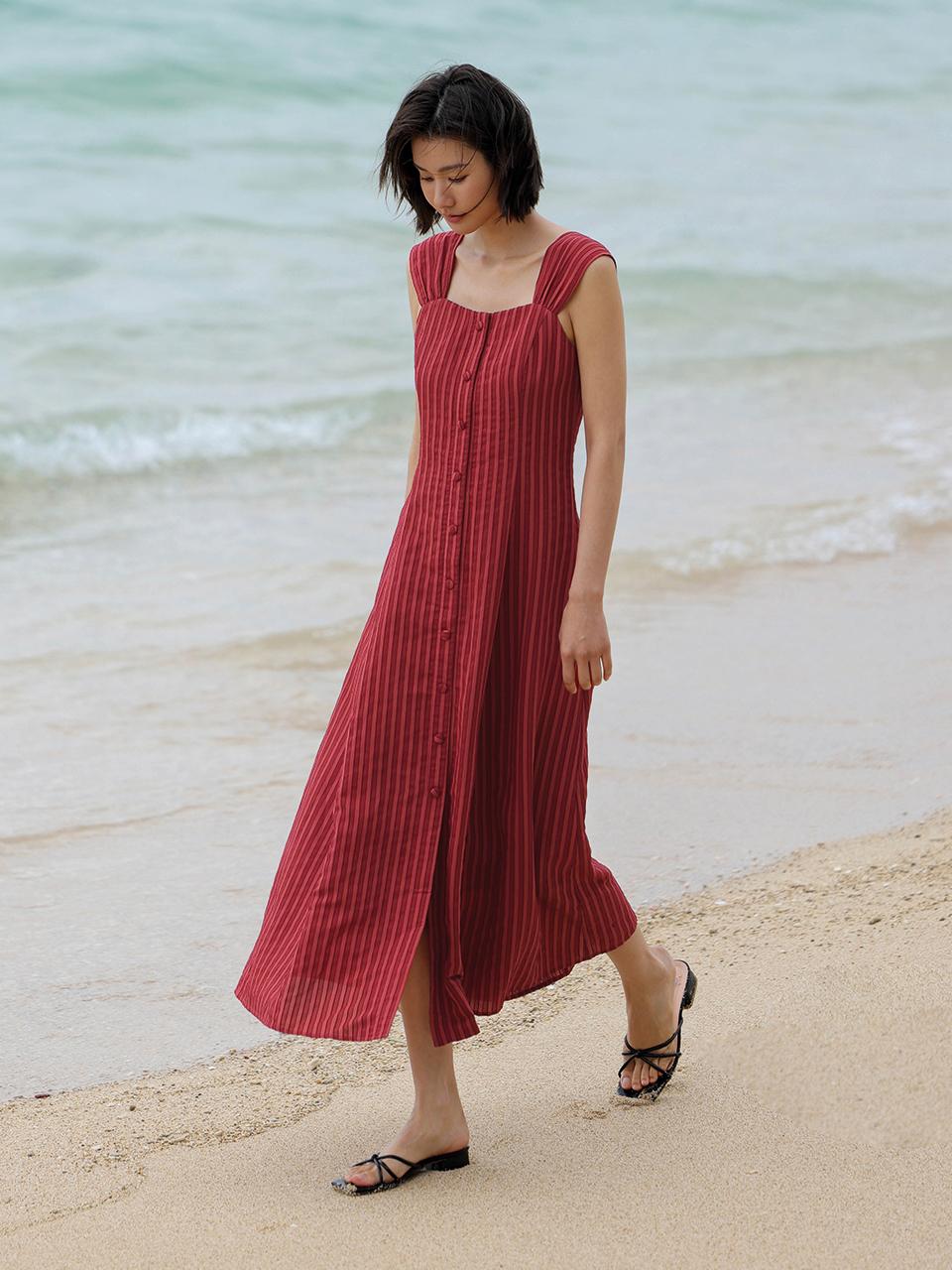 LANGSON LS Striped Wide Strap Dress [Red]