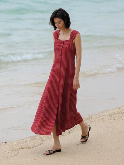 LANGSON LS Striped Wide Strap Dress [Red]