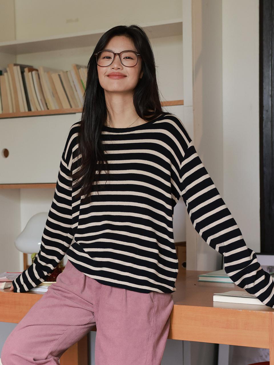 LANGSON LS_Long sleeve striped overfit top