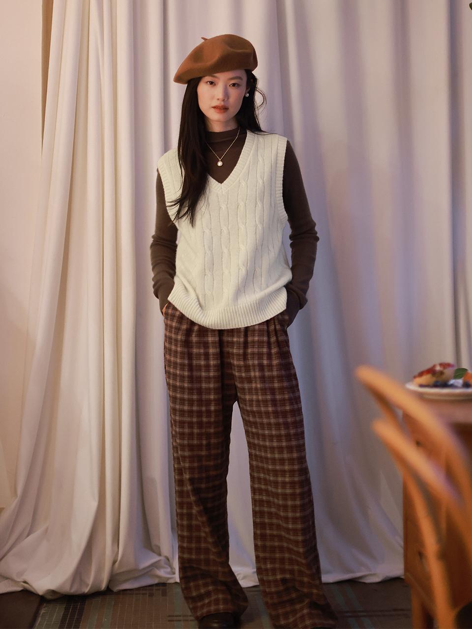 LANGSON LS_Plaid wide-leg banding pants