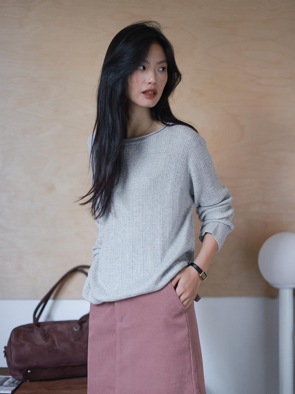 LANGSON LS_Round neck gray loose knit top