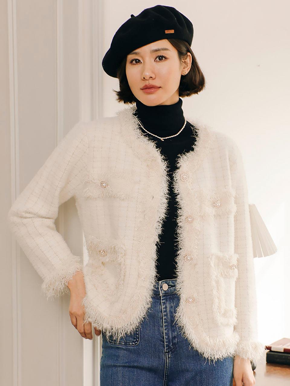 LANGSON LS_Winter Snow Fluffy Tweed Jacket_White