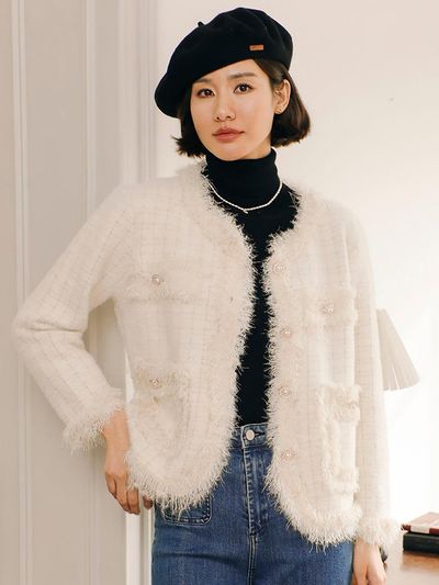 LANGSON LS_Winter Snow Fluffy Tweed Jacket_White