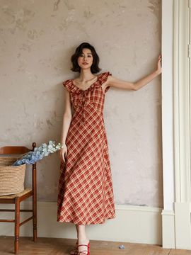 LANGSON Plaid Flying Sleeveless Dress [Red]
