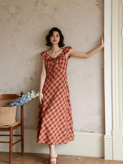 LANGSON Plaid Flying Sleeveless Dress [Red]