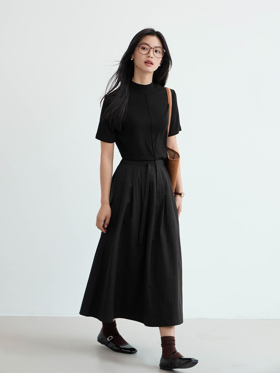 LANGSON Pleated A-line Long Skirt