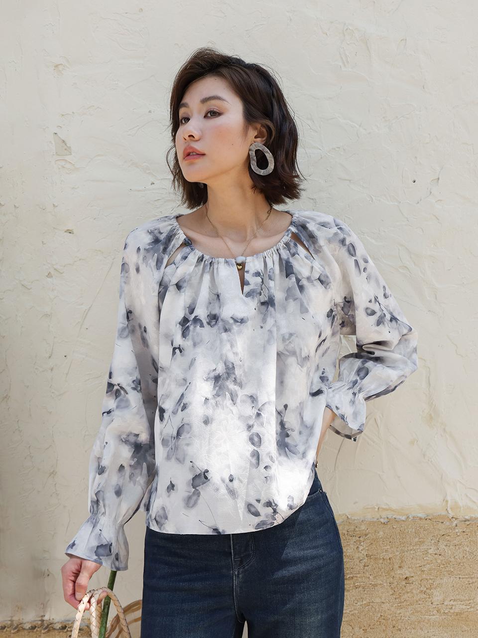 LANGSON Print Puff Long Sleeve Blouse