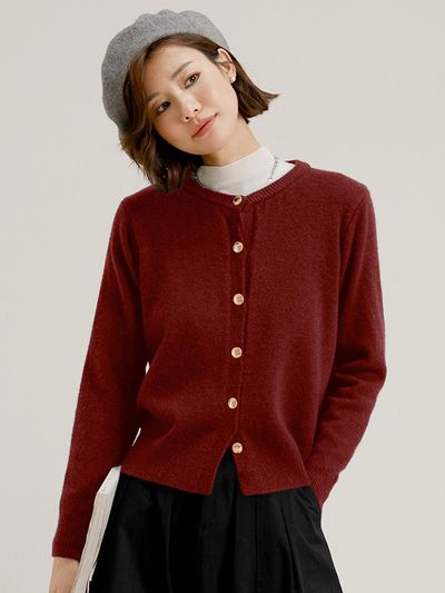LANGSON Red Wine Round Neck Cardigan