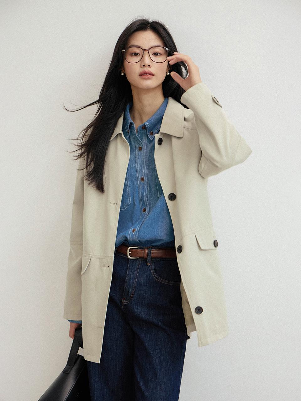 LANGSON Simple Collar Trench Coat