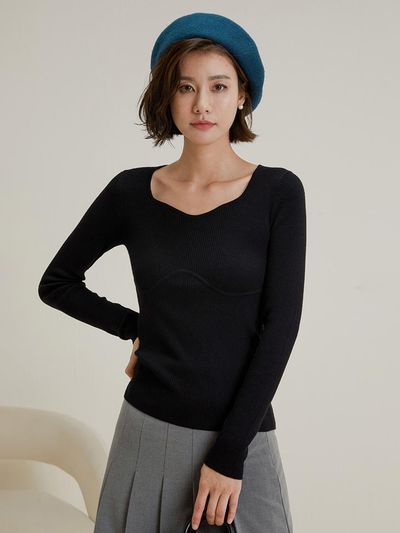 LANGSON Square Collar Slim Knit Top