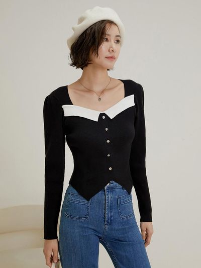 LANGSON White Point Square Collar Knit Top